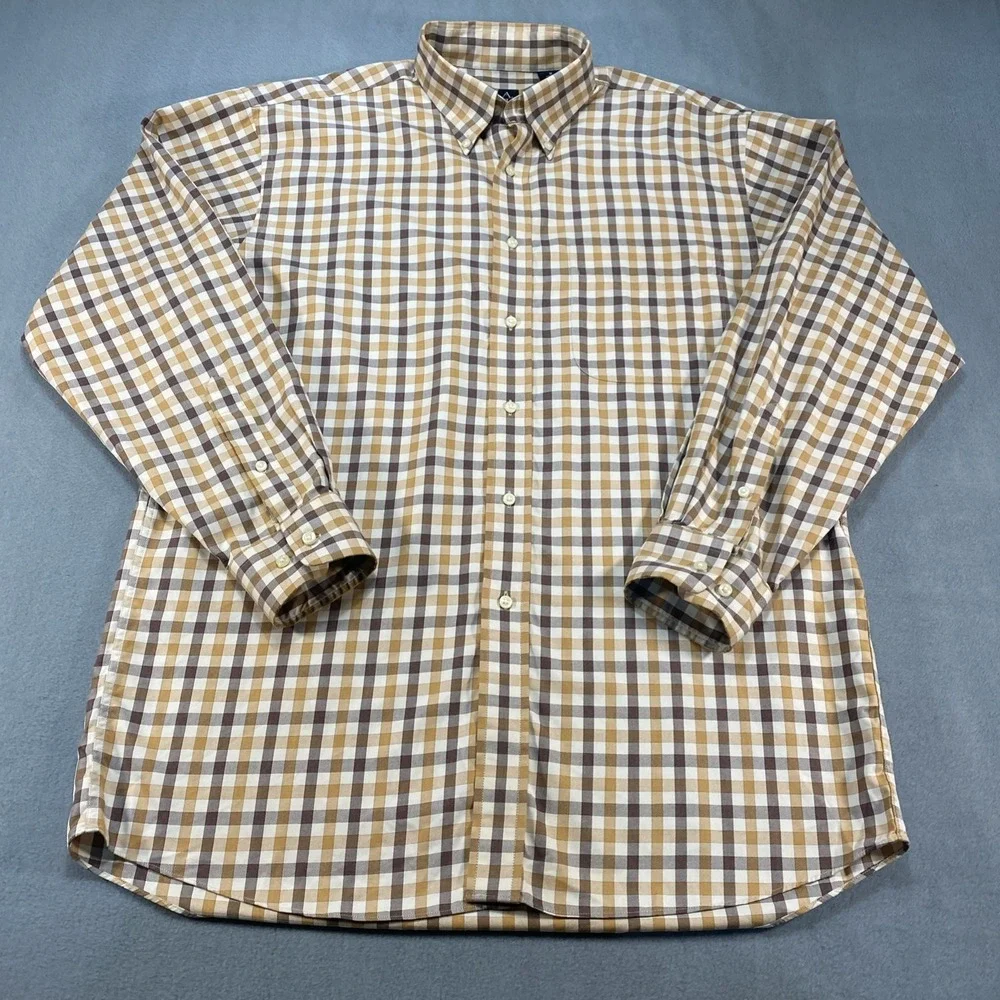 Jos A Bank Mens Button Down Travelers Collection Plaid Brown Tan Medium